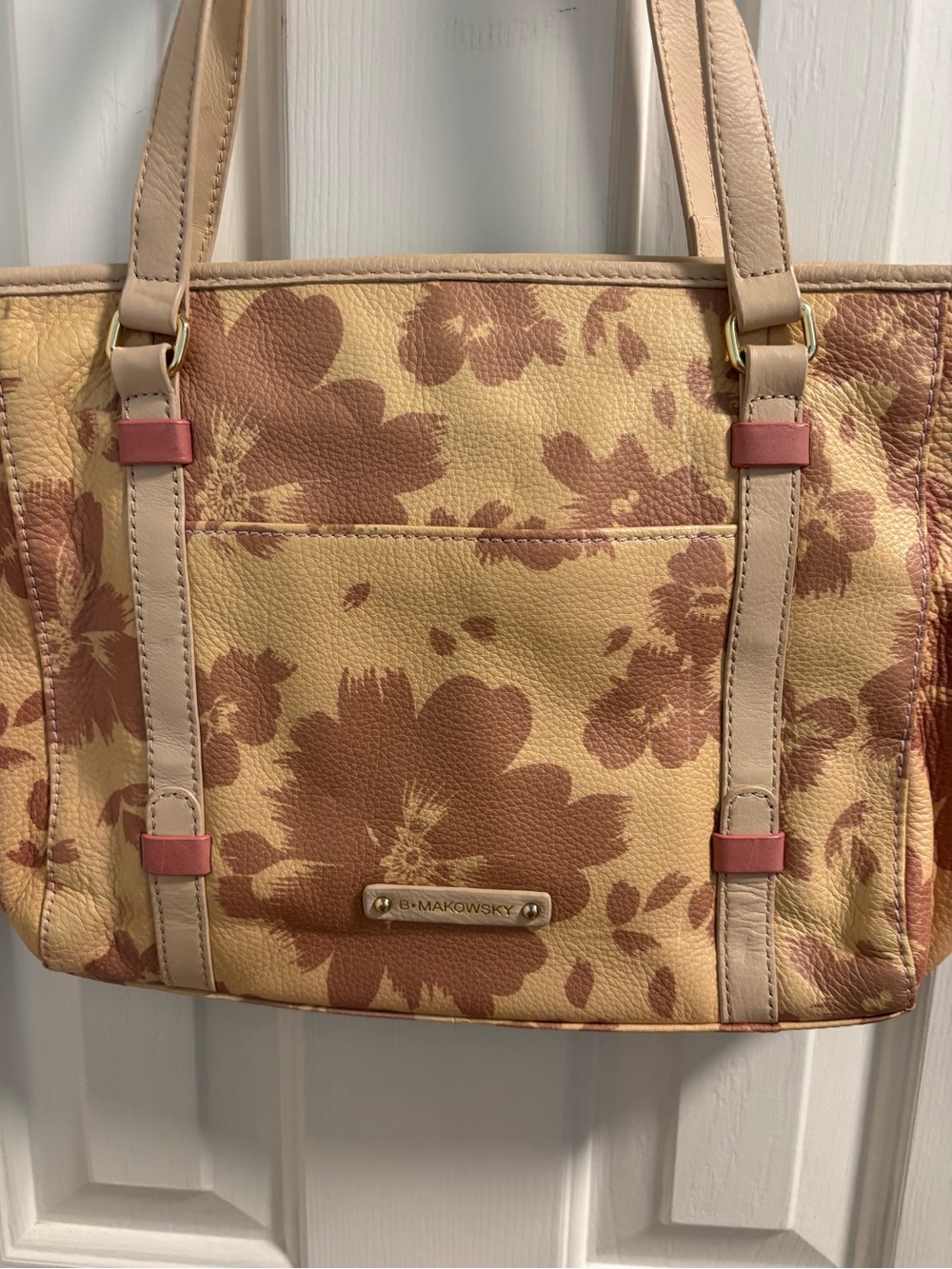 B. Makowski Genuine Leather Floral Poppy Tote Bag Shoulder Purse